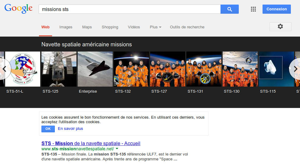Frise historique sur une page de résultats de recherche Google